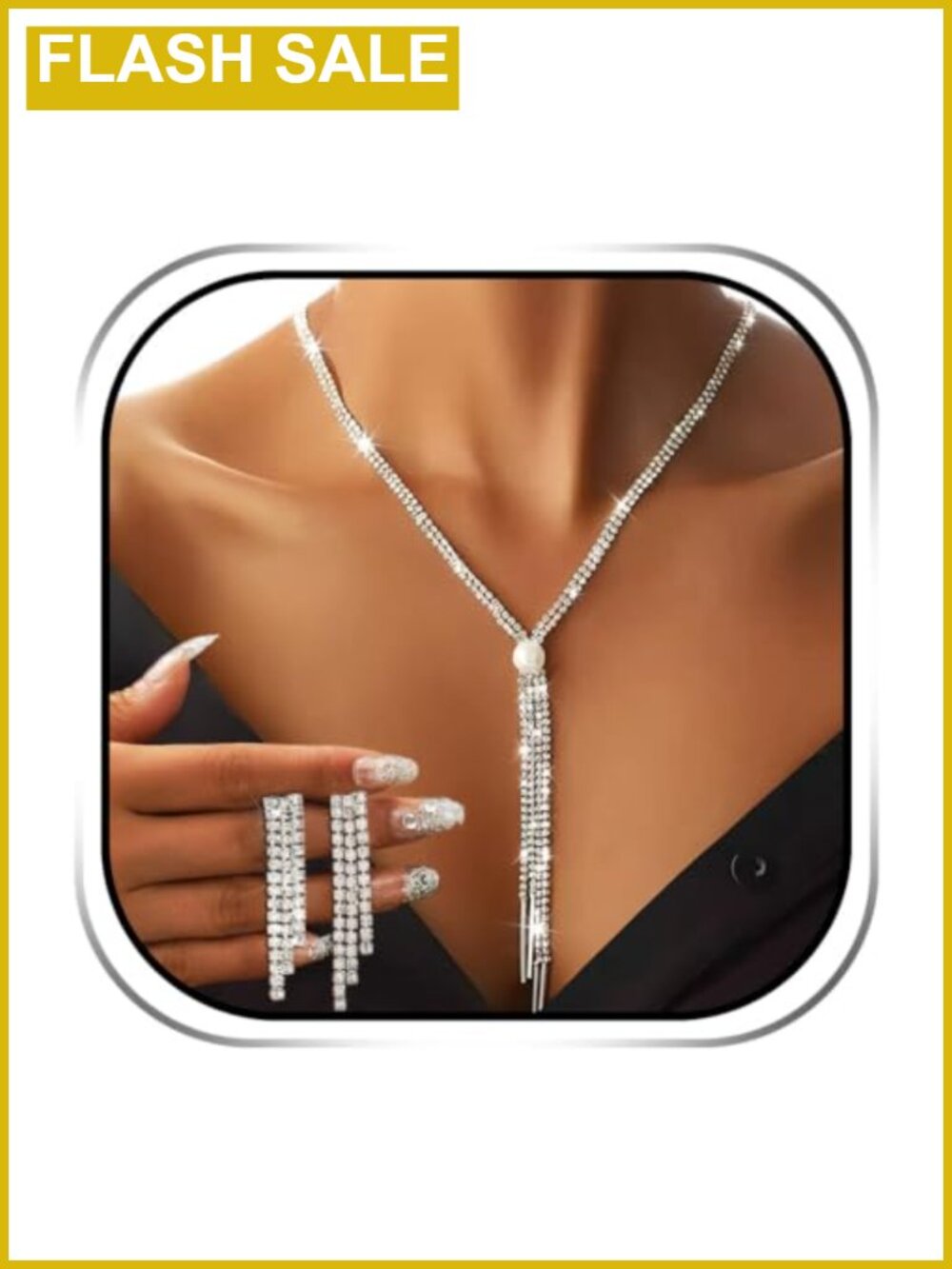 Rhinestone Jewelry Set Silver Long Necklace Earrings